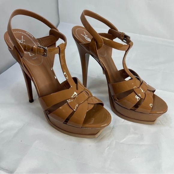 YVE SAINT LAURENT Tribute Brown T-strap Patent Leather Platform Sandal NWT - Picture 3 of 13